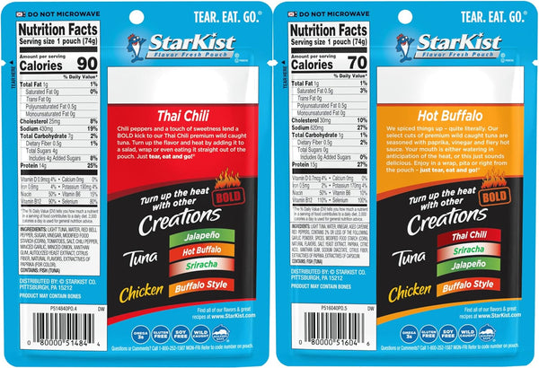 Starkist Tuna Creations Bold, 6 Flavor Variety, Thai Chili, Hot Buffalo, Jalapeno, Sriracha, Spicy Korean, Red Curry & Coconut, 2.6 oz (Pack of 12) with By The Cup Spatula Knife