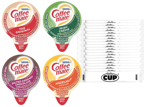 Coffee mate Liquid .375oz Variety Pack (4 Flavor) 100 Count & By The Cup Sugar Packets (Irish Creme, Orig, Salted Caramel, Hazelnut)
