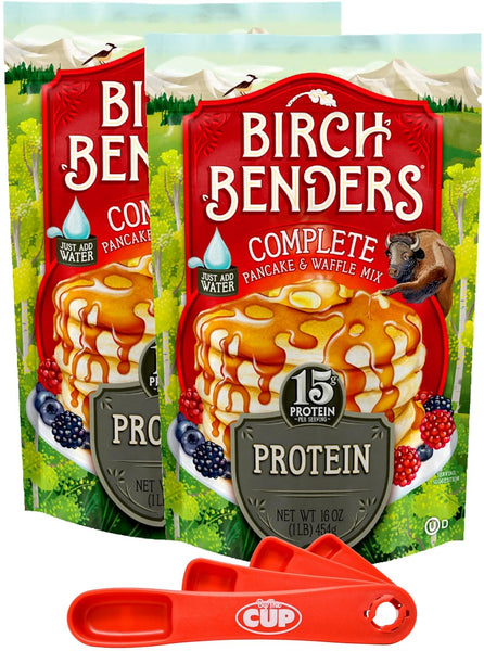 Birch Benders Protein Pancake and Waffle Mix, 16 oz (Pack of 2) with By The Cup Swivel Spoons