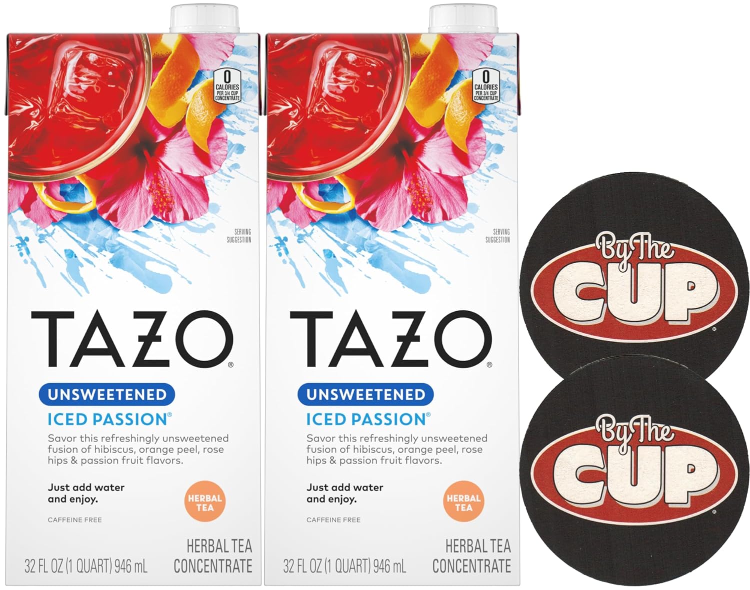 TAZO Unsweetened Iced Passion Herbal Tea Concentrate, 32 oz (Pack of 2) with By The Cup Coasters