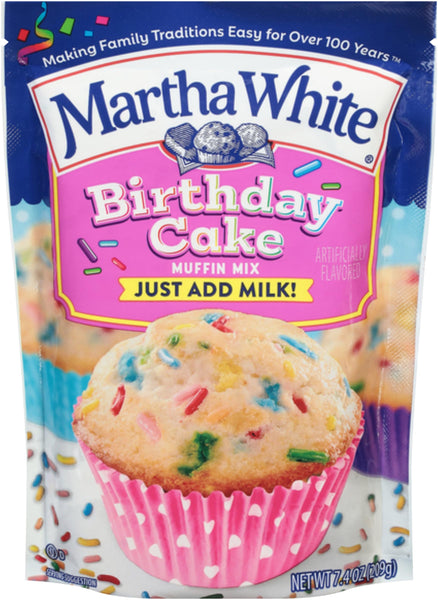 Martha White Birthday Cake Muffin Mix, 7.4 oz (Pack of 3) with By The Cup Swivel Spoons