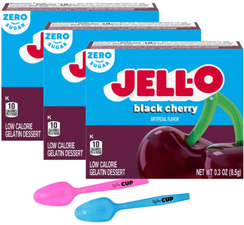 Sugar Free Black Cherry Jell-O Gelatin, 0.3 Ounces (Pack of 3) with By The Cup Mood Spoons