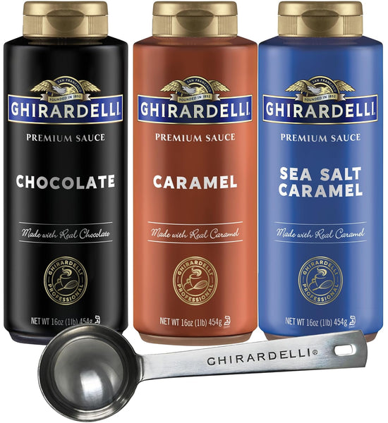 Ghirardelli - Sea Salt Caramel, Chocolate and Caramel Flavored Sauce 16 oz Bottles (Set of 3) with Ghirardelli Stamped Barista Spoon