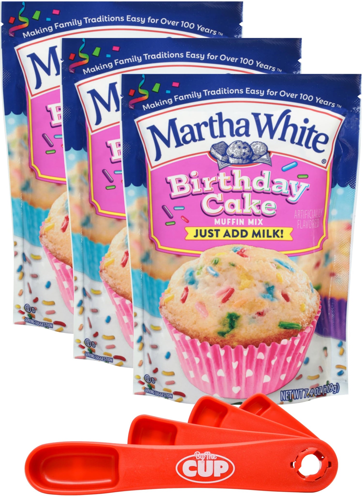 Martha White Birthday Cake Muffin Mix, 7.4 oz (Pack of 3) with By The Cup Swivel Spoons