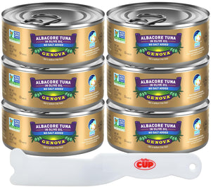 Genova Albacore Tuna in Olive Oil (No Salt Added) 5 oz Can (Pack of 6) with By The Cup Spatula Knife