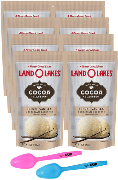 Land O Lakes French Vanilla & Chocolate Hot Cocoa Mix, 1.25 Ounce Packets (Pack of 8) with 2 By The Cup Mood Spoons