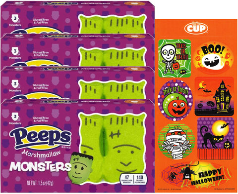 Halloween Marshmallow Monsters, 1.5 oz (Pack of 4) with By The Cup Halloween Stickers