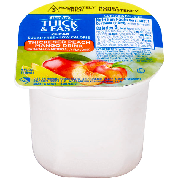 Hormel Thick & Easy Sugar Free Peach Mango, Clear Single Serve Level 3 Honey Consistency Thickened Beverage, 4 oz Cup (Pack of 24) with 4 By The Cup Coasters