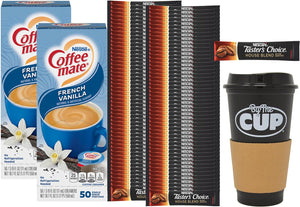 Nescafe House Blend Instant Coffee Packets & French Vanilla Liquid Creamer Singles, Approximately 100 of each with By The Cup Travel Mug