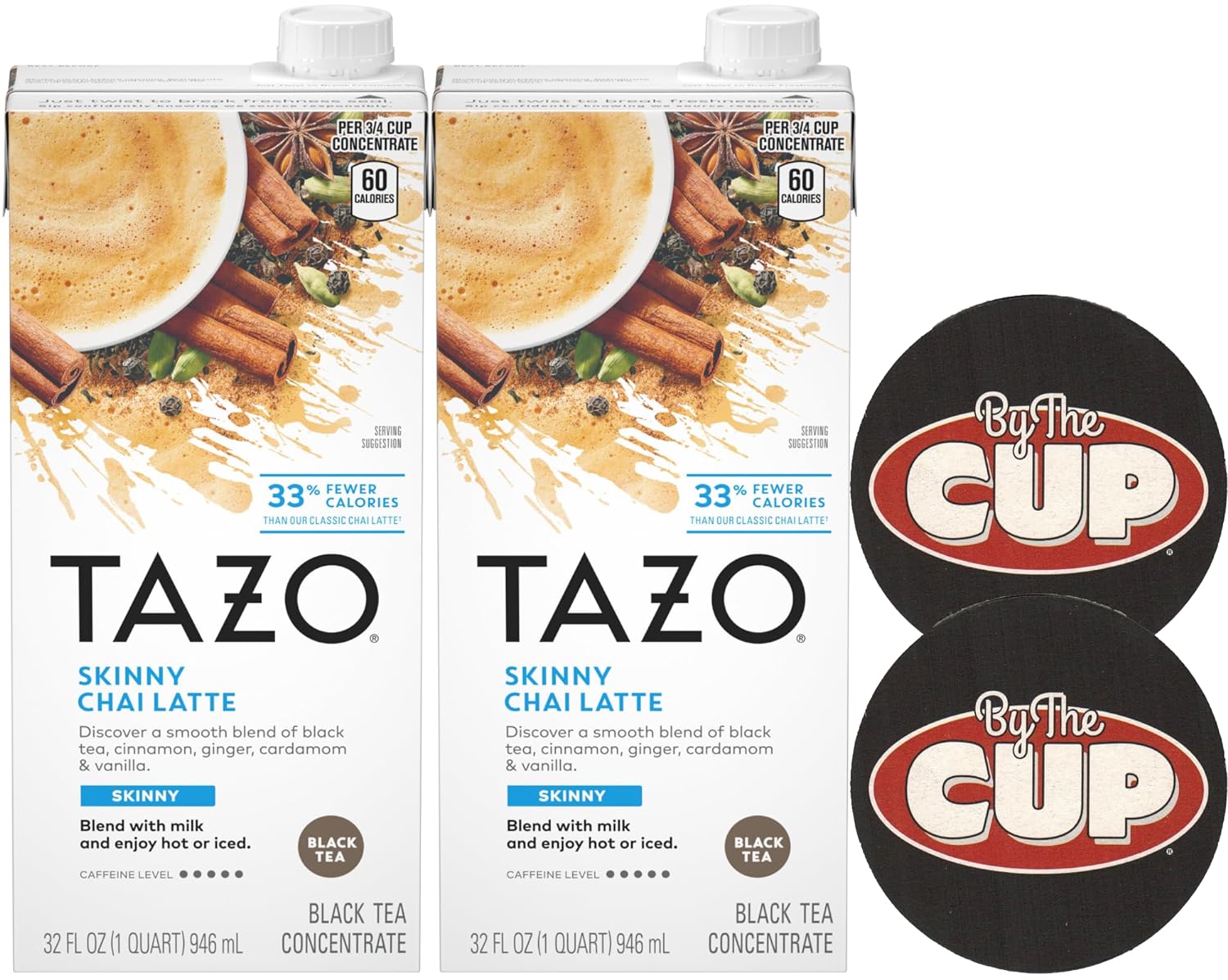 TAZO Skinny Chai Latte Black Tea Concentrate, 32 oz (Pack of 2) with By The Cup Coasters
