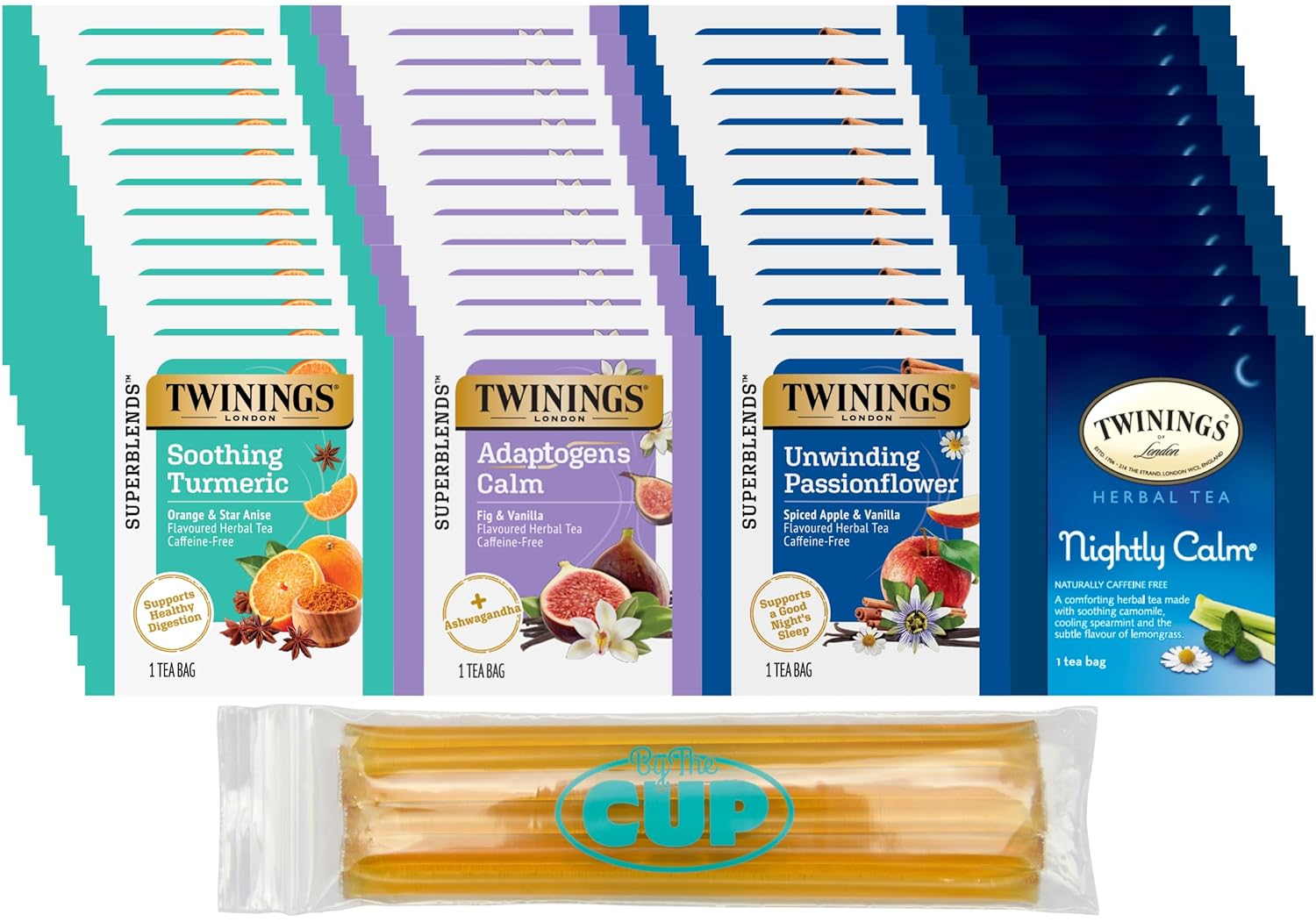Twinings Relax and Unwind Tea Bag Sampler (Pack of 48) 4 Flavors, 12 of each Flavor with By The Cup Honey Sticks