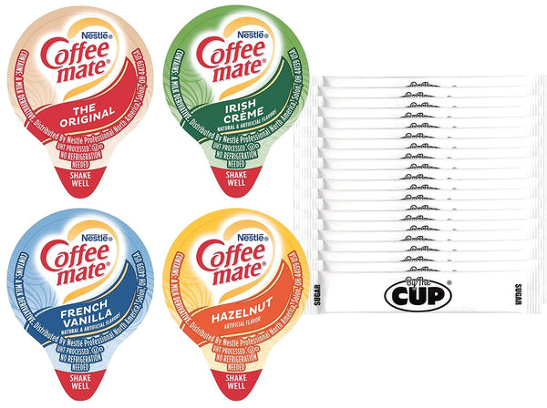 Coffee mate Liquid .375oz Variety Pack (4 Flavor) 100 Count includes Original, French Vanilla, Hazelnut, Irish Creme & By The Cup Sugar Packets