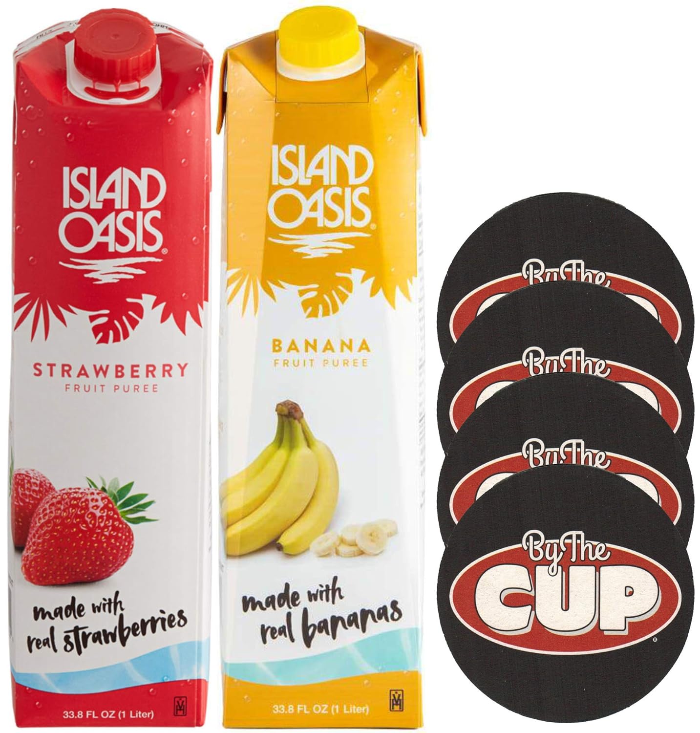 Island Oasis Drink Mix Variety, Strawberry and Banana 1 Liter Each, with Set of By The Cup Coasters