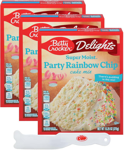 Betty Crocker Delights Super Moist Party Rainbow Chip Cake Mix 13.25 oz Box (Pack of 3) with By The Cup Spatula Knife