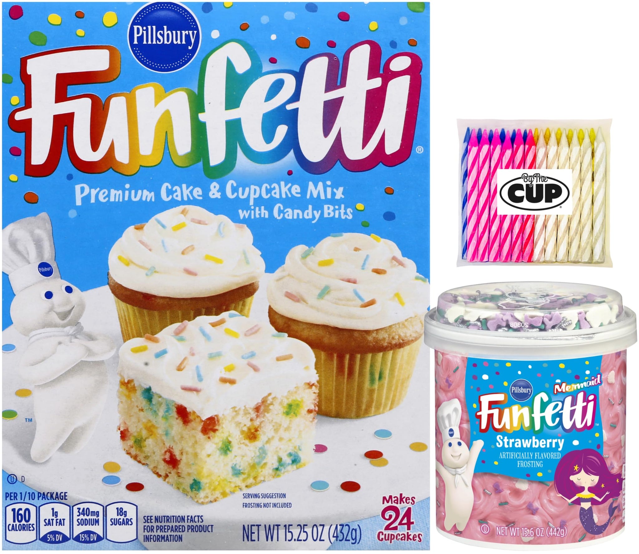 Pillsbury Kids Birthday Bundle: Funfetti Cake Mix and Mermaid Strawberry Frosting with By The Cup Candles