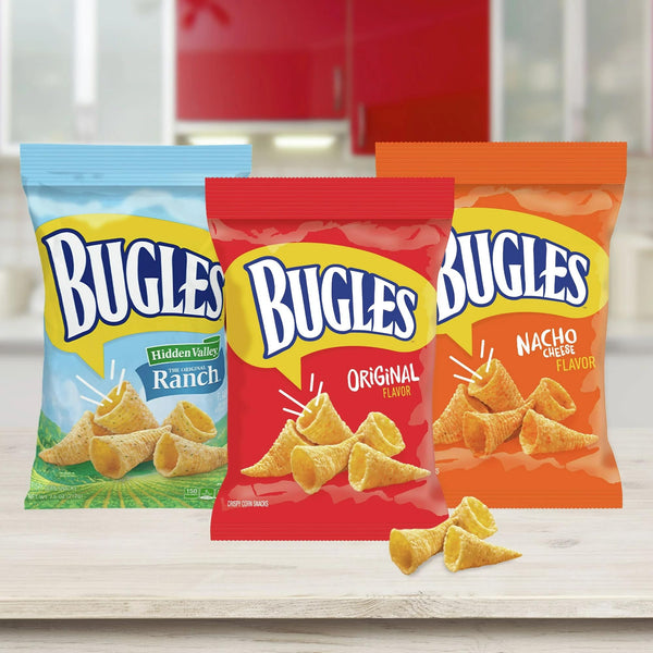 Bugles Original and Nacho Cheese Crispy Corn Snacks, 2 Flavor Variety, 1 of each 7.5 oz Bag with ag Clip