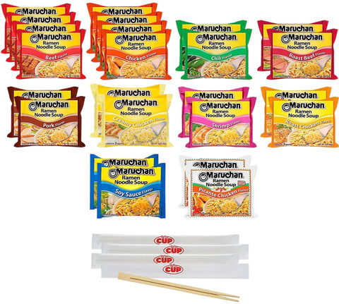 Maruchan Ramen Noodle Soup, 24 Count 10 Flavor Variety Pack with By The Cup Chopsticks