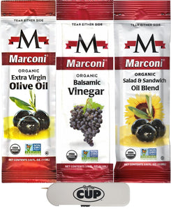 Marconi Single Serve Salad Dressing Variety, Approximately 33 of each, EVOO, Balsamic Vinegar, Salad and Sandwich Oil with By The Cup Toothpick Dispenser