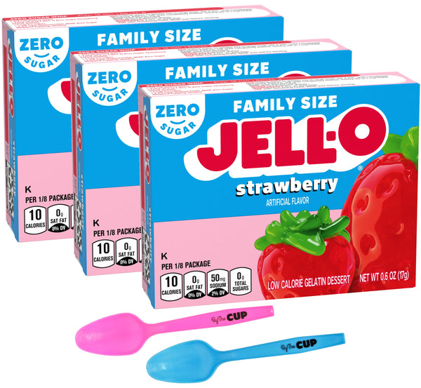 Zero Sugar Strawberry Jell-O, 0.6 oz (Pack of 3) with By The Cup Mood Spoons