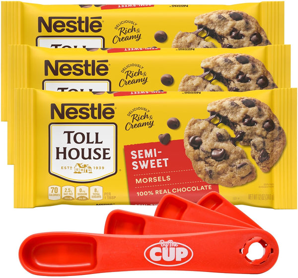 NESTLÉ TOLL HOUSE Semi Sweet Morsels, 12 oz (Pack of 3) with By The Cup Swivel Spoons