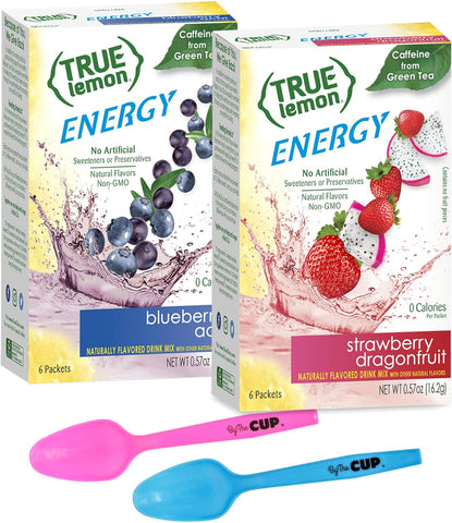 True Lemon Energy, Blueberry Acai & Strawberry Dragonfruit Drink Mix with By The Cup Mood Spoons