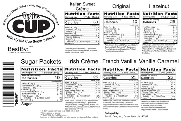Coffee mate Liquid Creamer Singles Variety Pack, Original, French Vanilla, Hazelnut, Irish Crème, Italian Sweet Crème, Vanilla Caramel, 6 flavors x 30 ct, 180/Box and By the Cup Sugar Packets