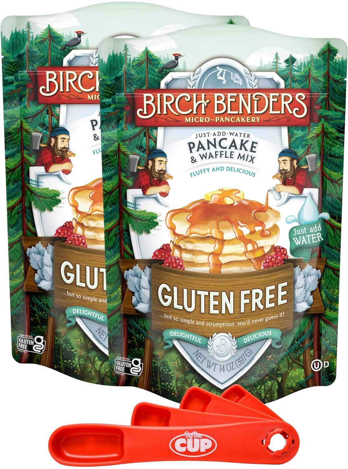 Birch Benders Gluten Free Pancake and Waffle Mix, 14 oz (Pack of 2) with By The Cup Swivel Spoons