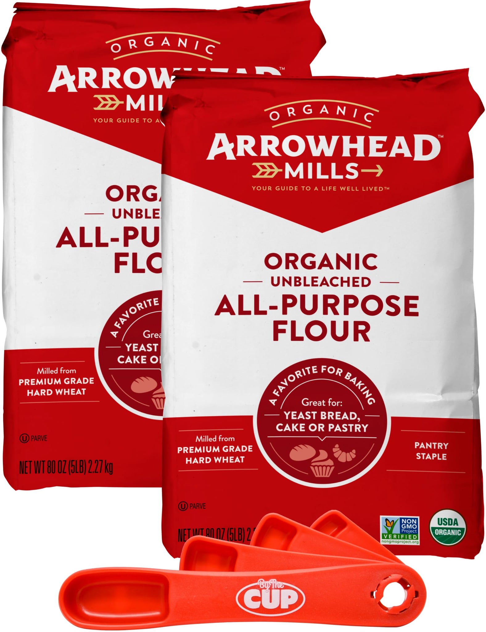 Arrowhead Mills Organic Unbleached All-Purpose Flour, 5 lb Bag (Pack of 2) with By The Cup Swivel Spoons