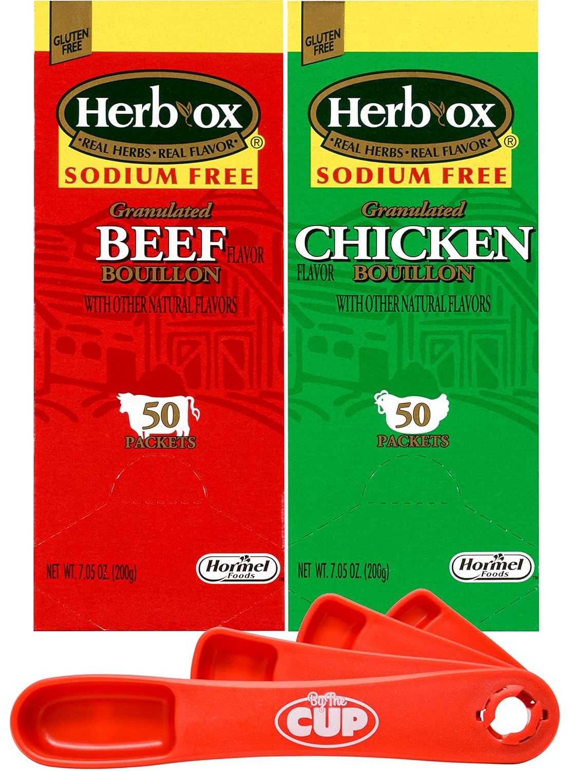 Herb-Ox Sodium Free Bouillon Variety Pack, 50 Count Box (Pack of 2) Granulated Beef and Chicken Bouillon with By The Cup Swivel Spoons