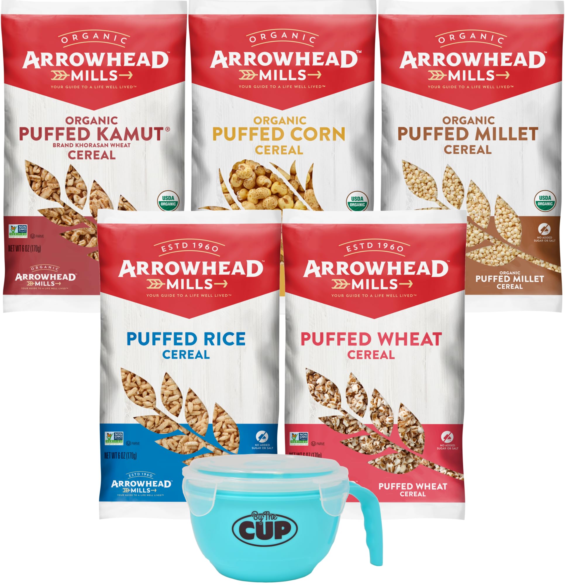 Arrowhead Mills Puffed Cereal Variety, 1 of each: Kamut, Corn, Millet, Rice, and Wheat 6 oz (Pack of 5) with By The Cup Cereal Bowl