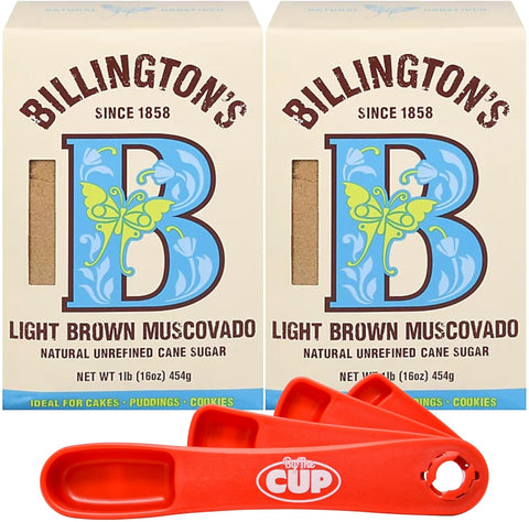 Billington's Natural Light Brown Muscovado Unrefined Cane Sugar, 16 Ounce (Pack of 2) with By The Cup Swivel Spoons