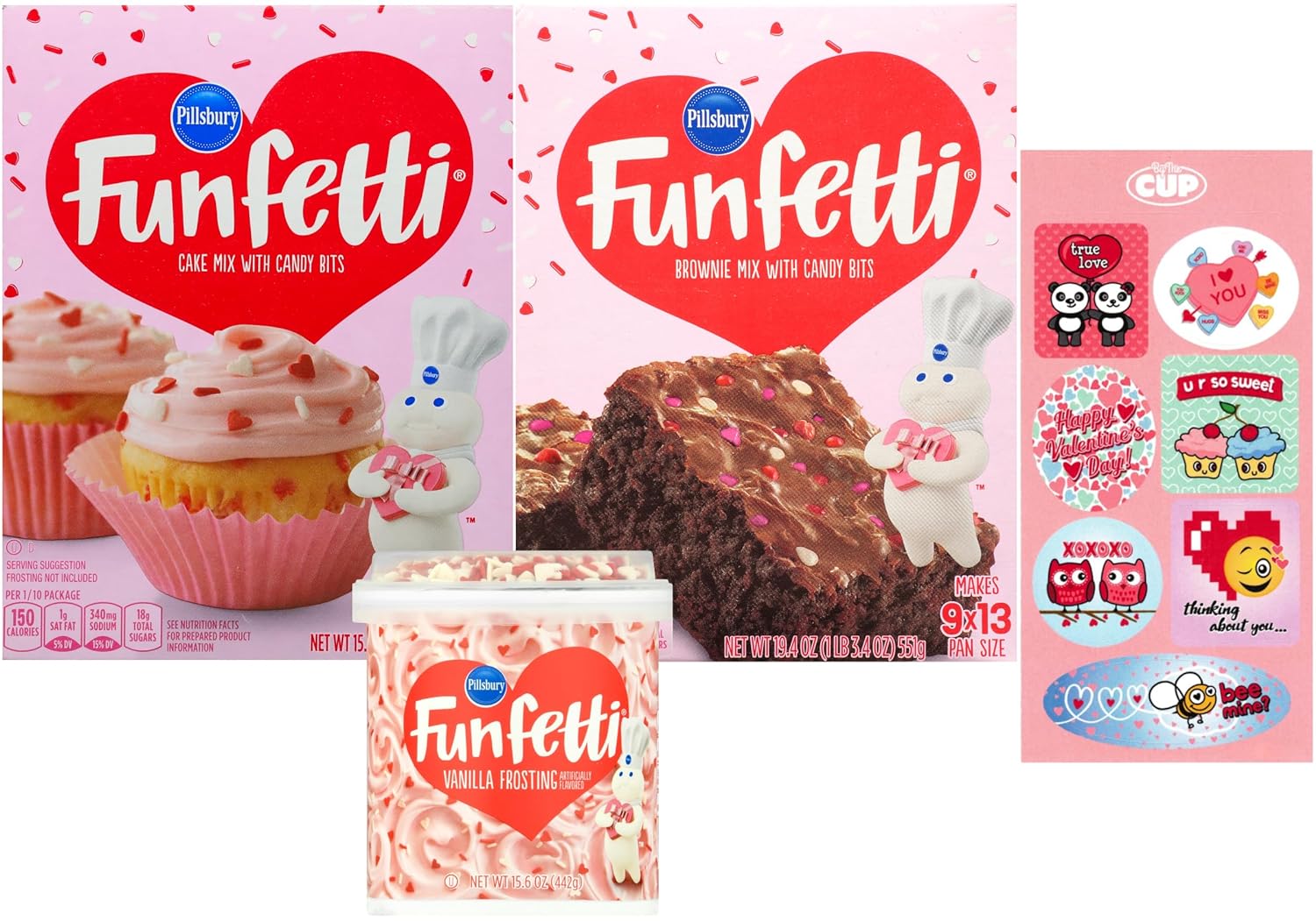 Pillsbury Funfetti Valentine's Day Bundle, Cake Mix, Brownie Mix, Pink Vanilla Frosting & Valentine Sprinkles with By The Cup Valentine's Stickers