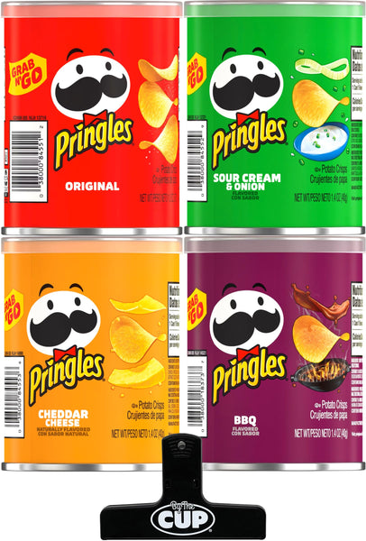 Pringles Grab & Go Potato Crisps Variety, 4 Flavor 1 of each Flavor (Pack of 4) with By The Cup Bag Clip