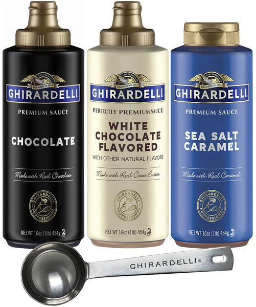 Ghirardelli Sea Salt Caramel, Chocolate and White Chocolate Flavored Sauce, 16 oz Squeeze Bottles (Pack of 3) with Ghirardelli Stamped Barista Spoon