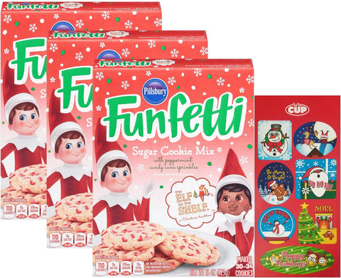Funfetti, The Elf On The Shelf Sugar Cookie Mix with Peppermint Candy Cane Sprinkles (Pack of 3), 15 oz Boxes with By The Cup Christmas Stickers