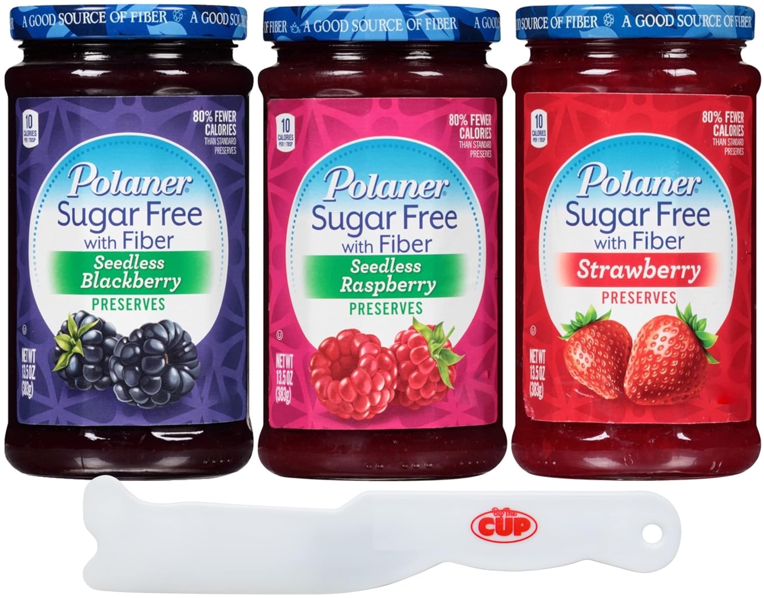 Polaner Sugar Free Preserves Sweetened with Sucralose 13.5 Ounce Variety, Blackberry, Raspberry, Strawberry with By The Cup Spatula Knife