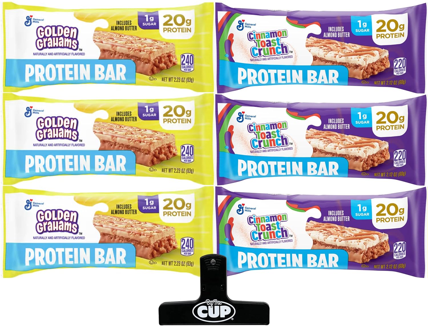 General Mills Protein Bar Variety, Cinnamon Toast Crunch and Golden Grahams, 3 of Each Bar (Pack of 6) with By The Cup Bag Clip