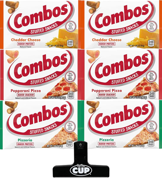 Combos Variety Pack: Cheddar Pretzels, Pizzeria Pretzels, Pepperoni Pizza Crackers (Pack of 6) with By The Cup Bag Clip