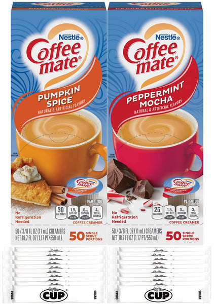 Coffee Mate Peppermint Mocha & Pumpkin Spice (50 of each) Liquid Creamer Singles with By The Cup Sugar Packets