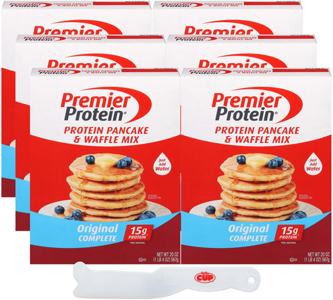 Premier Protein Pancake & Waffle Mix, Original Complete, 20 oz (Pack of 6) with By The Cup Spatula Knife