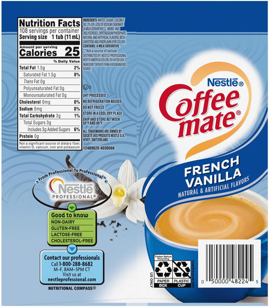 Nestle Coffee mate French Vanilla, 108 Count Box (Pack of 1) Liquid Coffee Creamer Singles with By The Cup Coasters