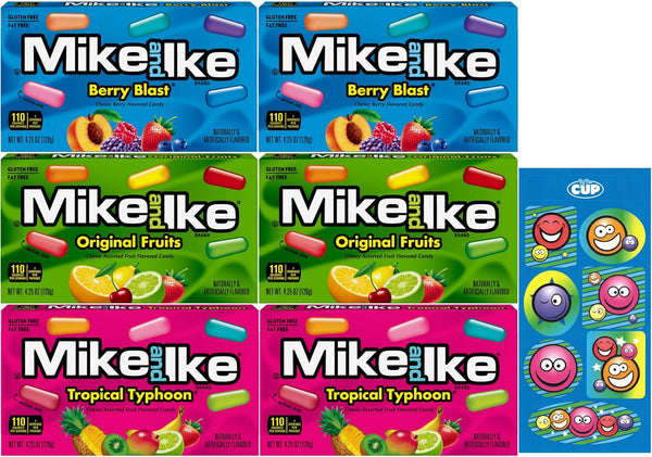 Mike & Ike Theater Box Variety, 4.25 oz (Pack of 6), 2 of each Flavor: Berry Blast, Original Fruits, Tropical Typhoon with By The Cup Stickers
