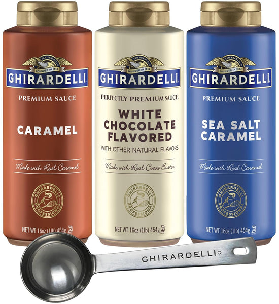 Ghirardelli Sea Salt Caramel, White Chocolate and Caramel Flavored Sauce 16 oz Bottles (Pack of 3) with Ghirardelli Stamped Barista Spoon