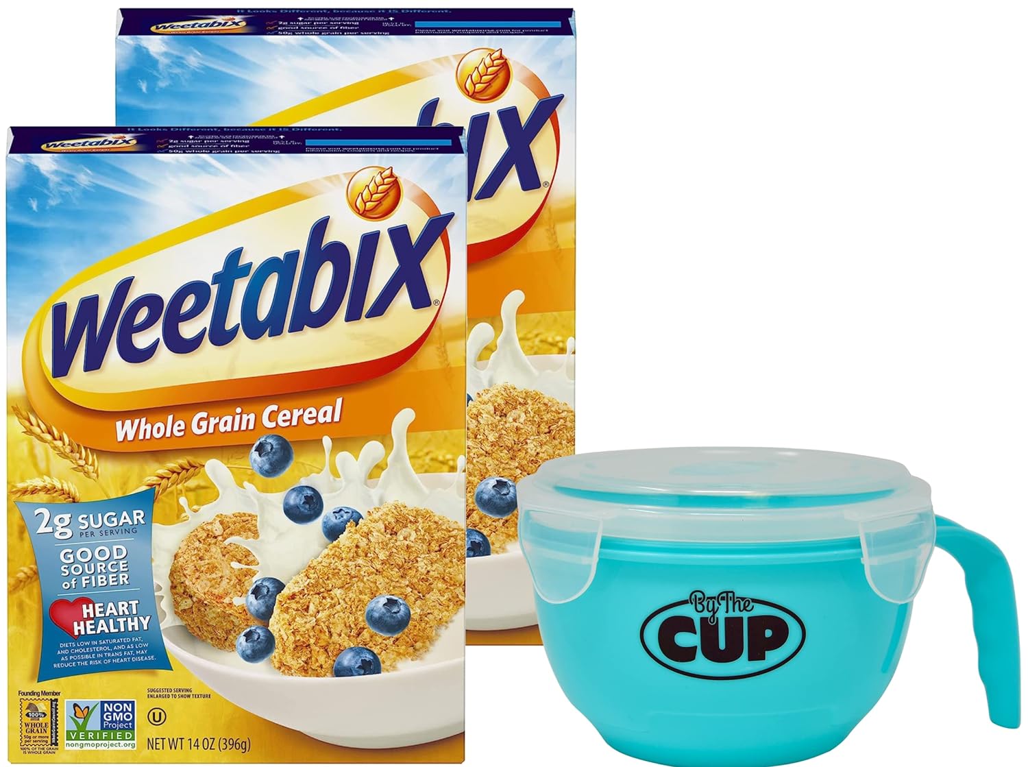 Weetabix Whole Grain Cereal, 14 Ounce Box (Pack of 2) with By The Cup Cereal Bowl