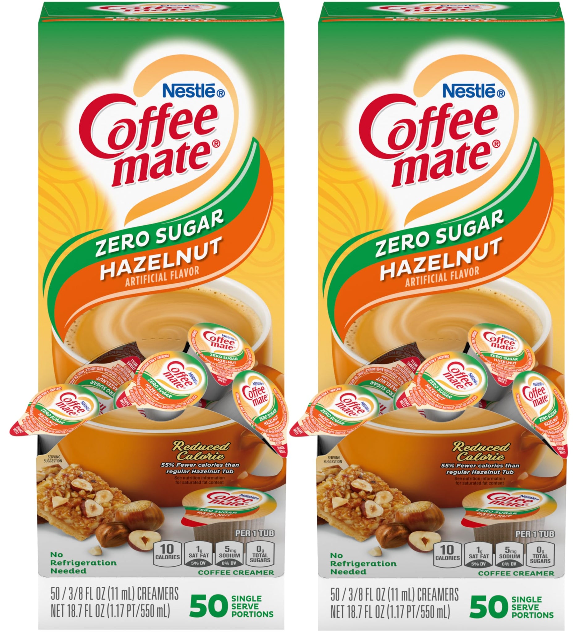 Nestle Coffee mate Liquid Coffee Creamer Singles, Zero Sugar Hazelnut, 50 Ct Box (Pack of 2) with Coffee Scoop