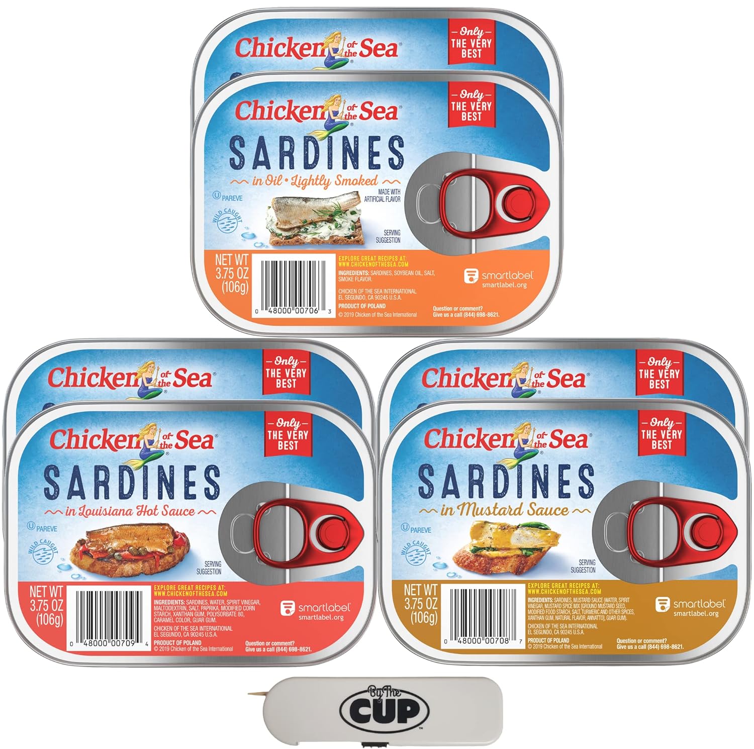 Chicken of the Sea Sardine Variety Pack, Louisiana Hot Sauce, Mustard Sauce, Lightly Smoked, 2 of each with 1 - By The Cup Travel Toothpick Dispenser