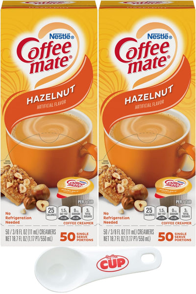 Nestle Coffee mate Liquid Coffee Creamer Singles, Hazelnut, 50 Ct Box (Pack of 2) with By The Cup Coffee Scoop