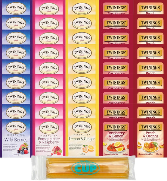 Twinings Fruity Herbal Tea Bag Sampler (Pack of 45) with By The Cup Honey Sticks