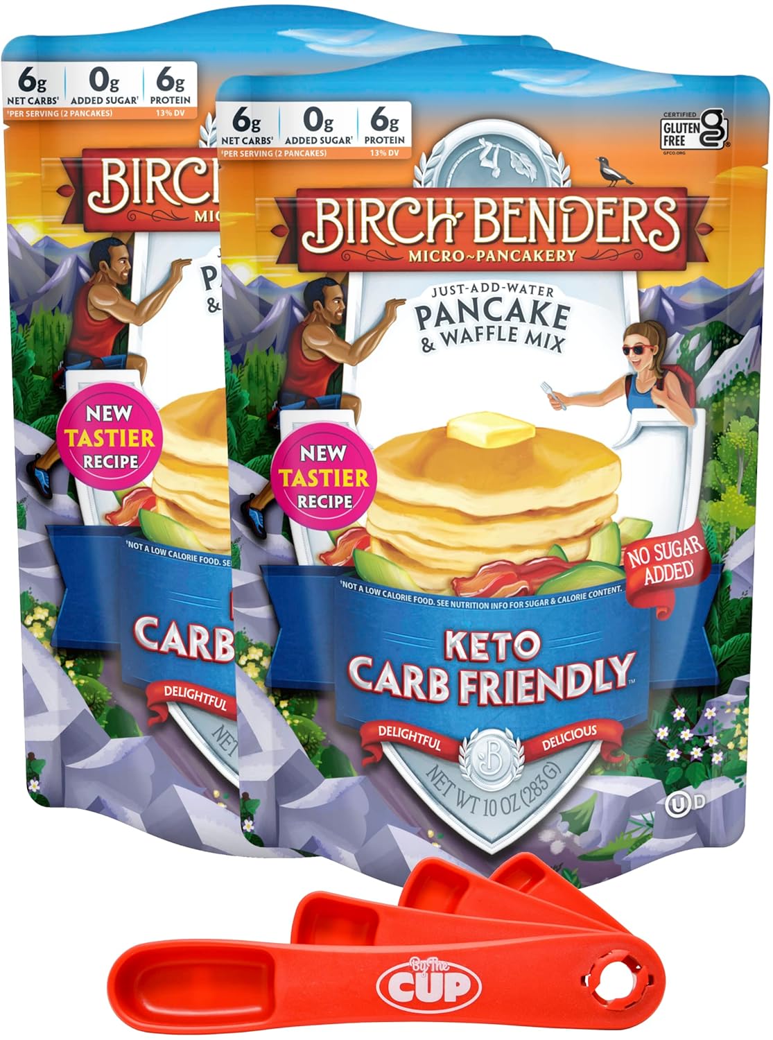 Birch Benders Keto Pancake and Waffle Mix, 10 oz (Pack of 2) with By The Cup Swivel Spoons