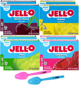 Jell-O Sugar Free Gelatin Variety Pack, Raspberry, Lemon, Lime, and Black Cherry, 0.3 Ounce, 2 of each with By The Cup Mood Spoons